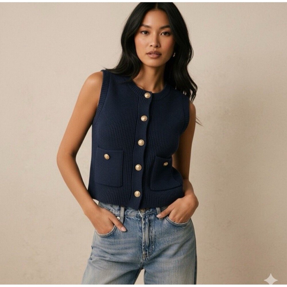 Revolve Song of Style Aimee Song XL Sweater Tank Vest Button Front Navy Knit Top